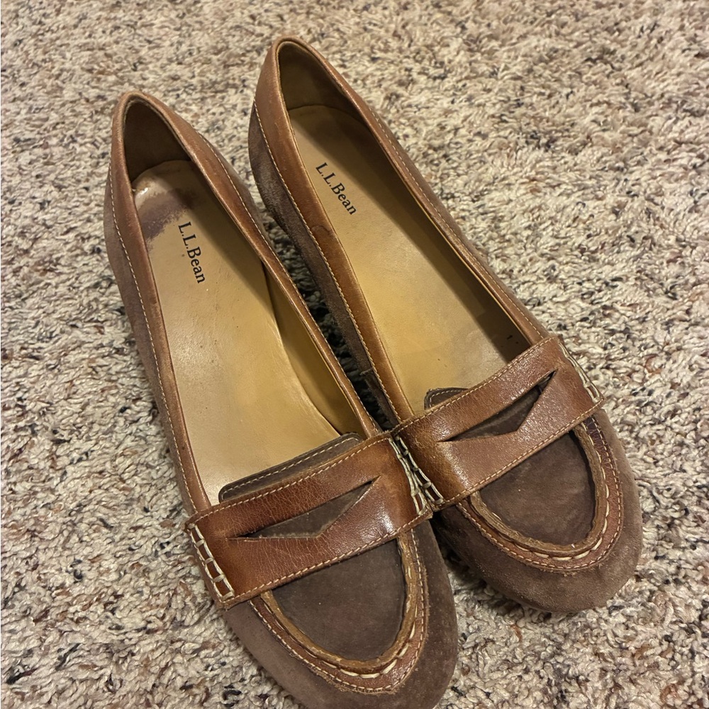 LL Bean Women’s Brown Penny Loafers Leather & Suede Wedge Heel Size 8